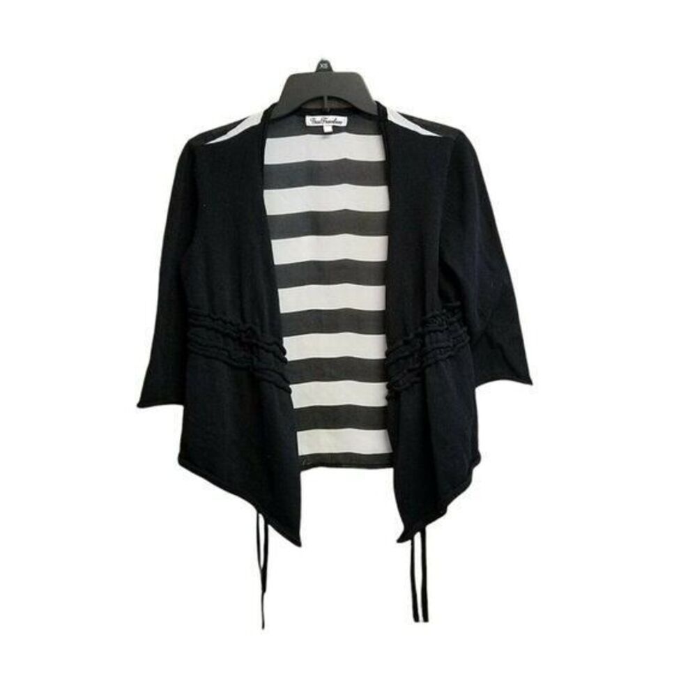 True Freedom Womens Sz L Black White Striped 3/4 Sleeve Cardigan